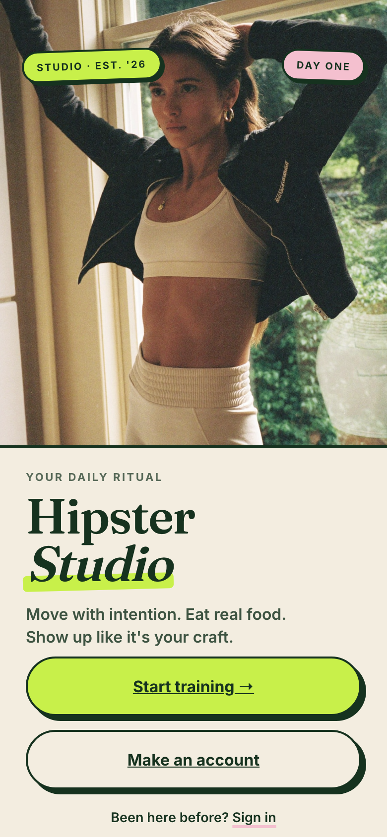 Hipster Studio themed client app — forest and chartreuse
