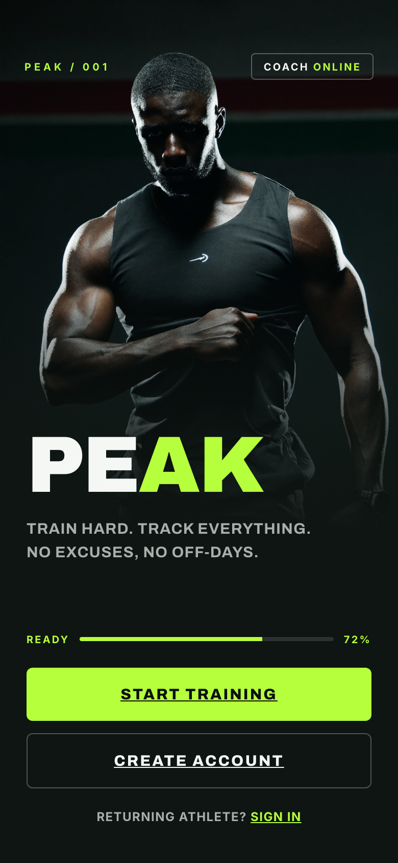 Peak themed client app — dark athletic with lime